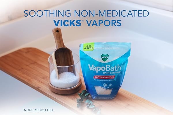 VICKS VAPOBATH, BATH SALTS, BATH BOMB, NON-MEDICATED BATH CRYSTALS, COMFORTING VICKS VAPORS, VAPOR BATH, AROMATHERAPY WITH EUCALYPTUS AND MENTHOL SCENT, CONTAINS ESSENTIAL OILS, 36 OZ