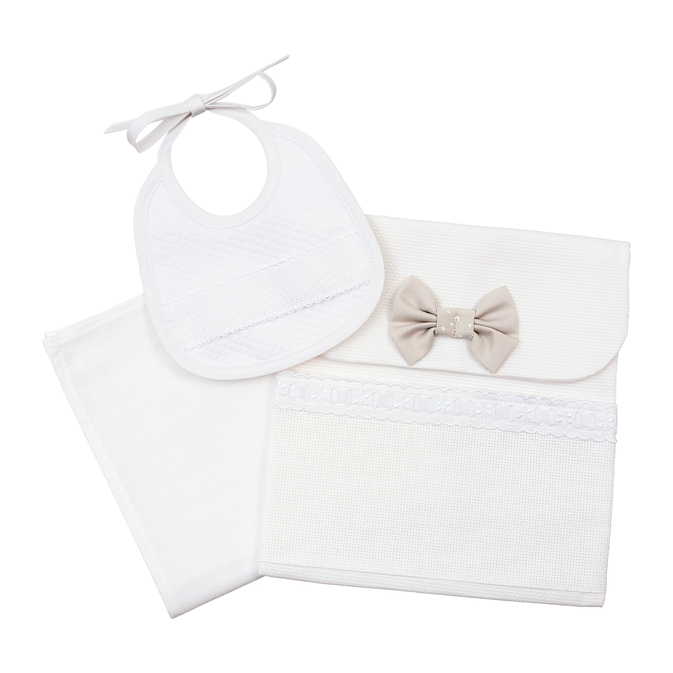 AGOFIL FILET - Babywearing Set, Composed of a Bag with Aida Insert, Washcloth and Bib to Embroider, Gift Idea for Future Parents, in 100% Cotton, Made in Italy, White and Dove Grey.