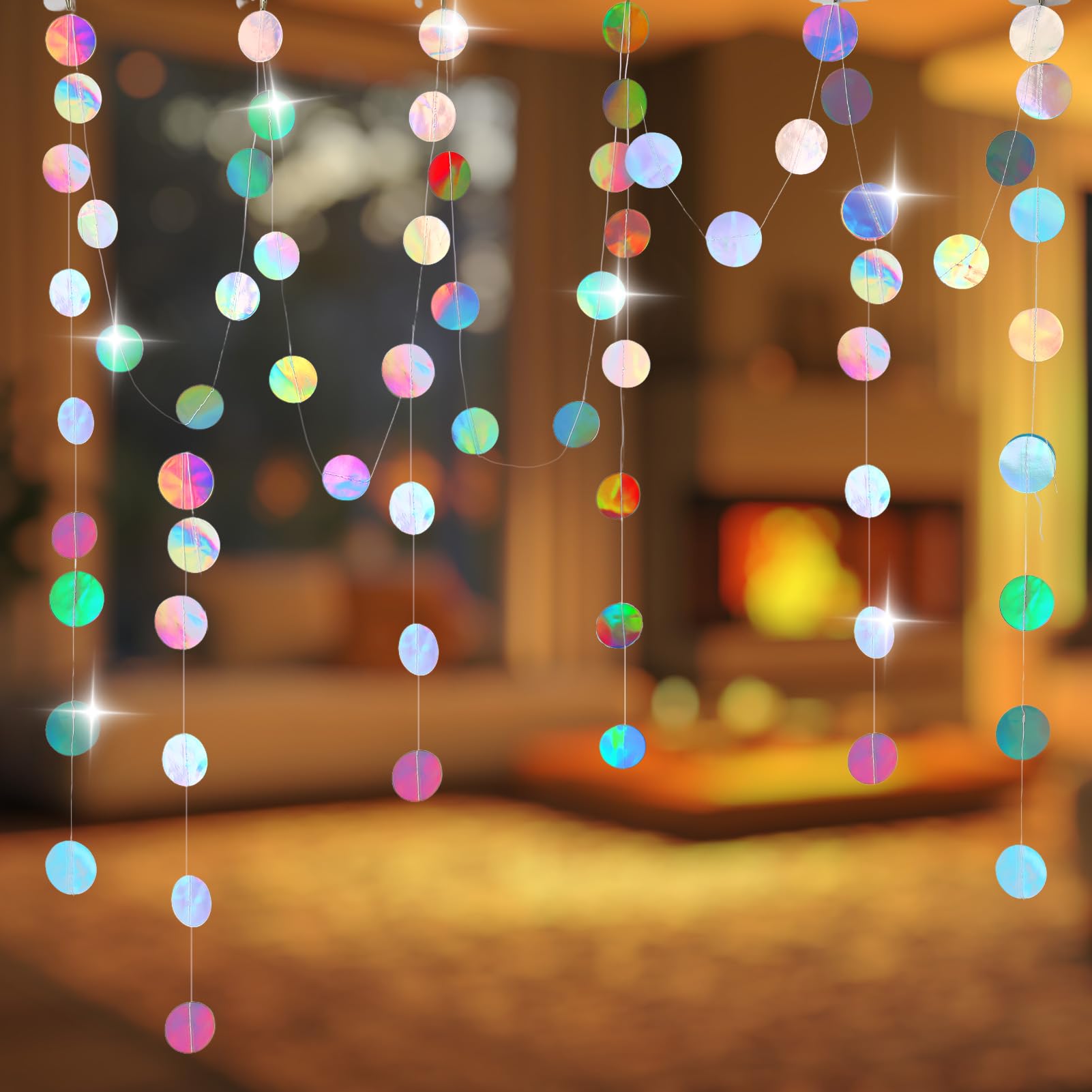 Aihoom 65 Feet Holographic Rainbow Circle Paper Garland, Iridescent Glitter Dots Streamer Banner Hanging Decoration for Birthday Wedding Baby Shower Anniversary Holiday Party Events