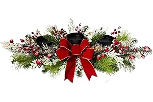 Lnymura Christmas Candle Holder Xmas Decorations 3 Candle Holders with Snow Flocked Pine Cone Red Berries and Red Bow for Table Centerpiece Holiday Decor Christmas Decorations