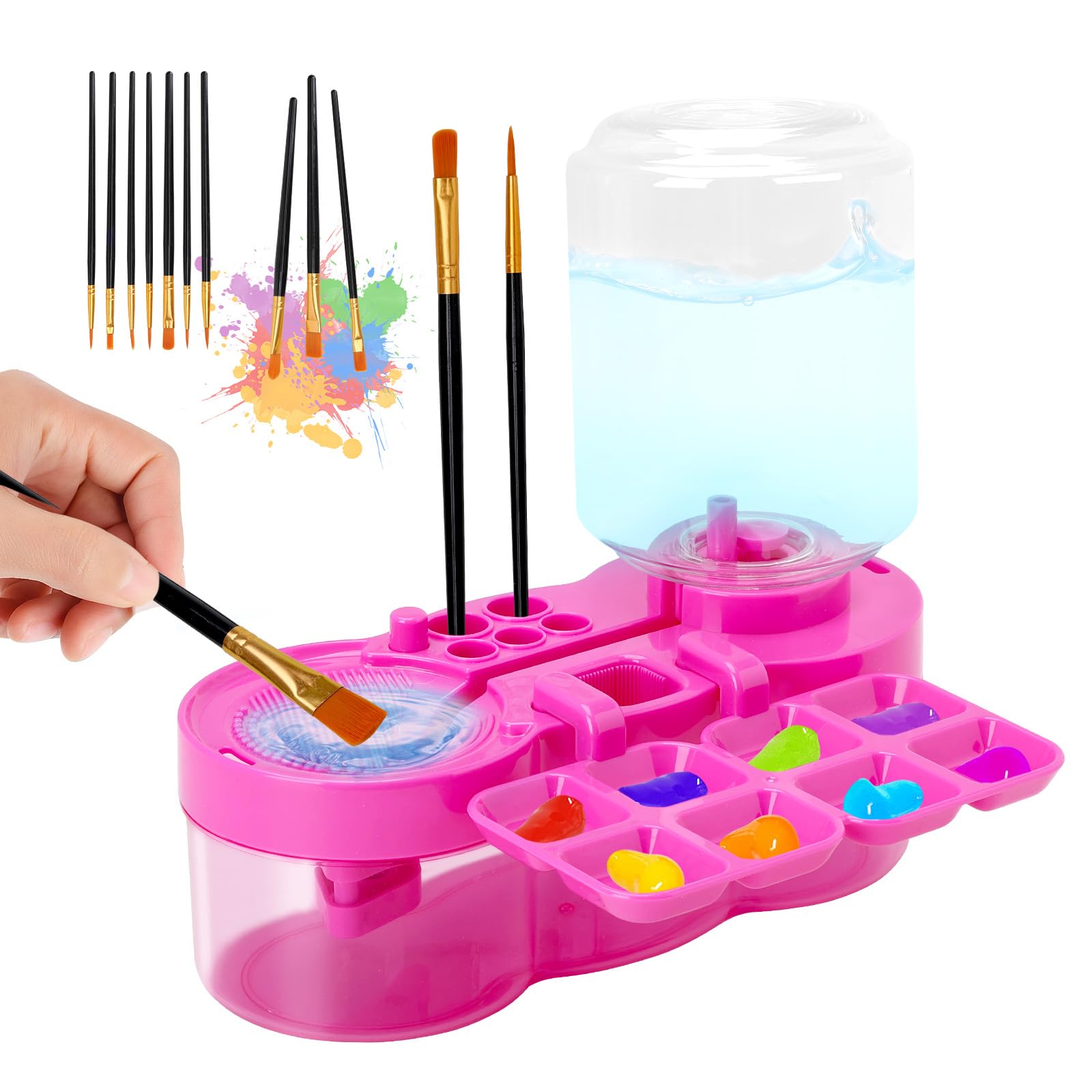 Foyucool Paint Brush Rinser, with 10 Brushes, Water Cycle Paint Brush Cleaner with Brush Holder and Palette, Washing Tool, for Acrylic, Watercolor and Water Based, Pink