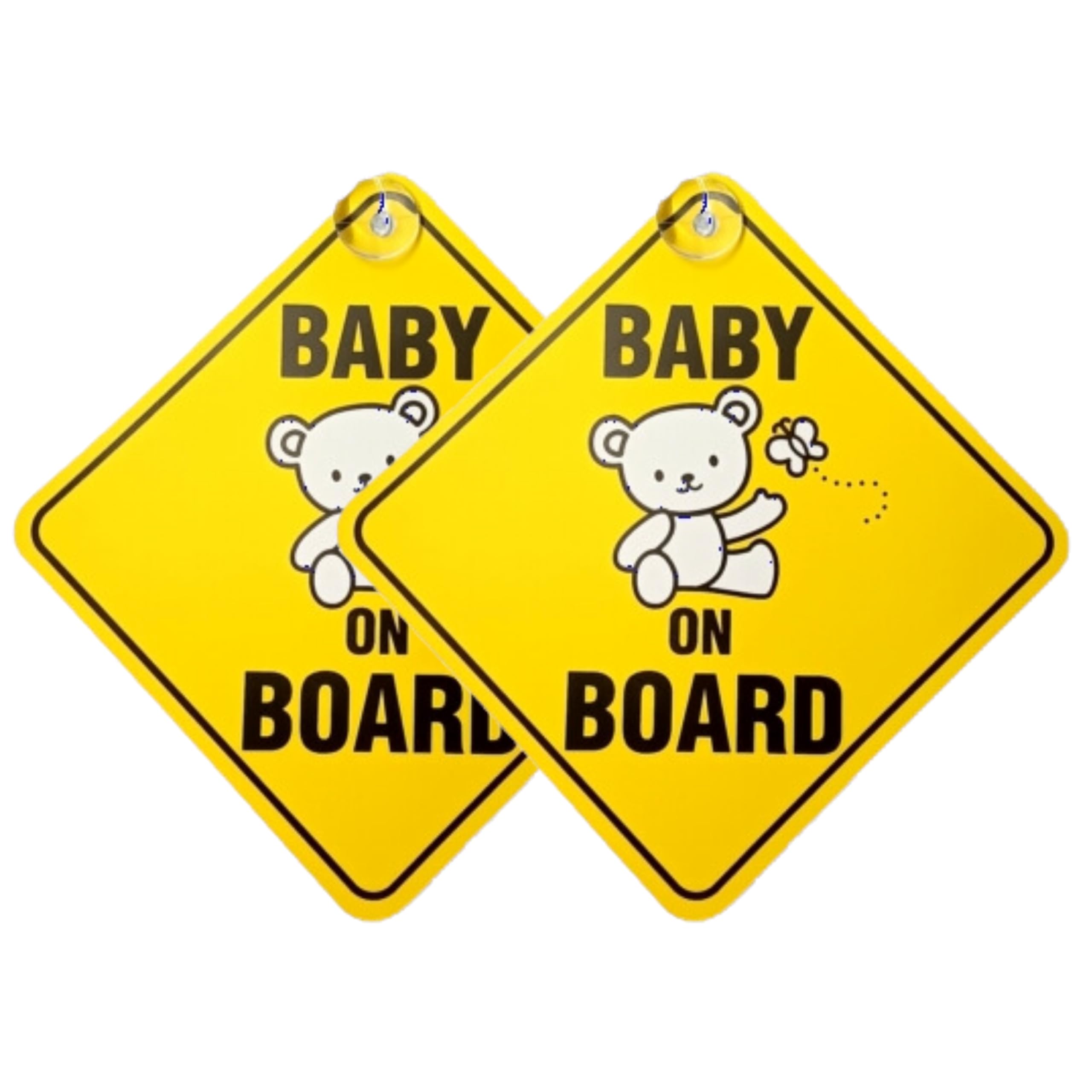 Tek Automotive Baby on Board Sign for Car | Twin Pack | 5.5" x 5.5" with Suction Cup | Baby Car Sticker | High Visibility Yellow Baby on Board Car Sign for Safety | Car Must Have for Parents