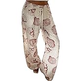 MakeMeChic Women's Pajama Pants Seashell Print Wide Leg Low Waist Tie Front Drawstring Trousers