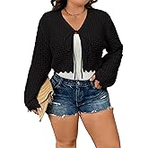 Women's Plus Size Tie Front Cardigan Hollow Out Bell Long Sleeve Crop Knit Tops Shrug Sweater