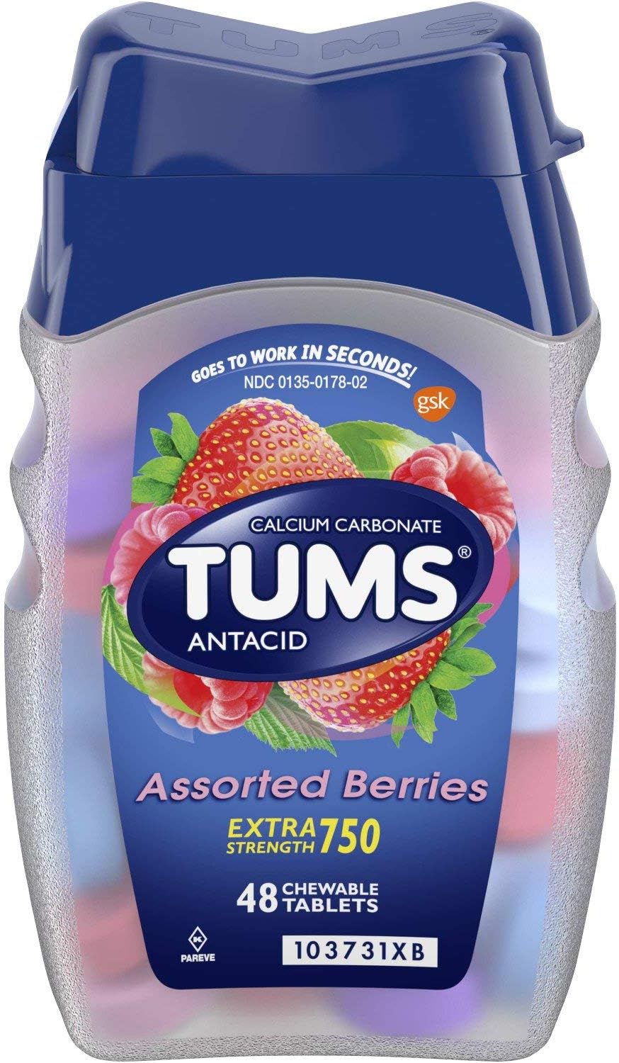 TUMS Extra Strength 750 Antacid Chewable Tablets Assorted Berries - 48 Tablets, Pack of 3