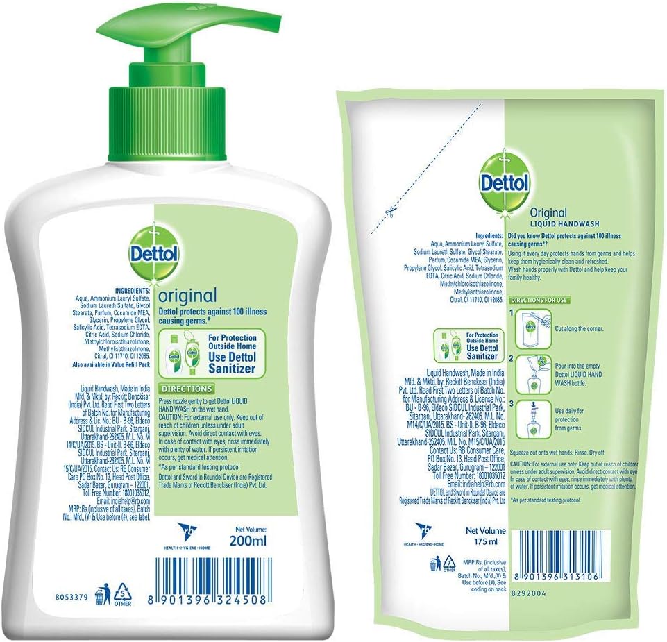Dettol Liquid Handwash (Original) - 200 ml with Free Dettol Liquid Handwash Refill- 175 ml: Health & Personal Care