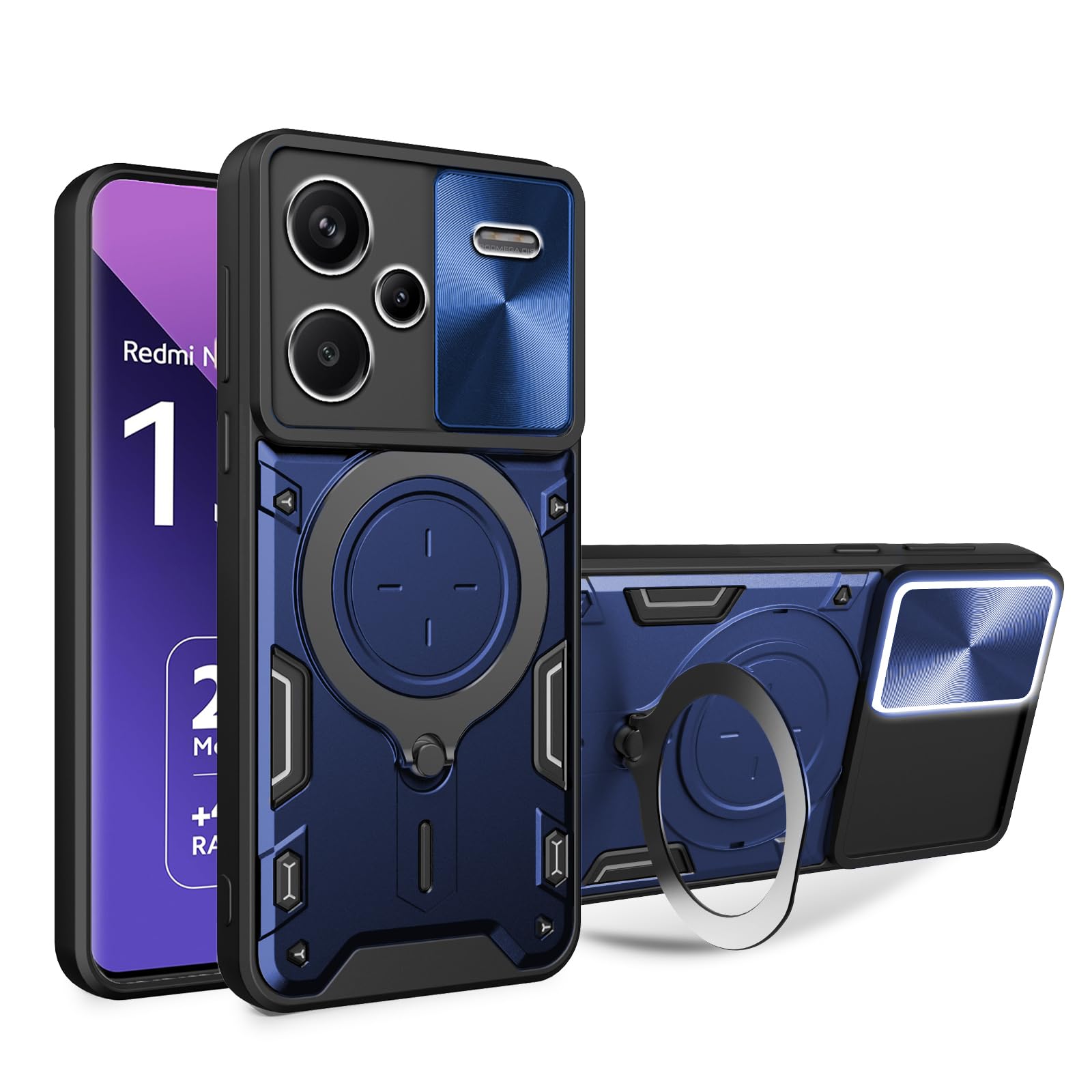 KUSINHOKA Case for Xiaomi Redmi Note 13 PRO+/Redmi Note 13 PRO Plus 5G With Slide Camera Protection Cover,Magnetic Metal Ring Kickstand Shockproof Military Grade Heavy Duty Tough Cover,Blue