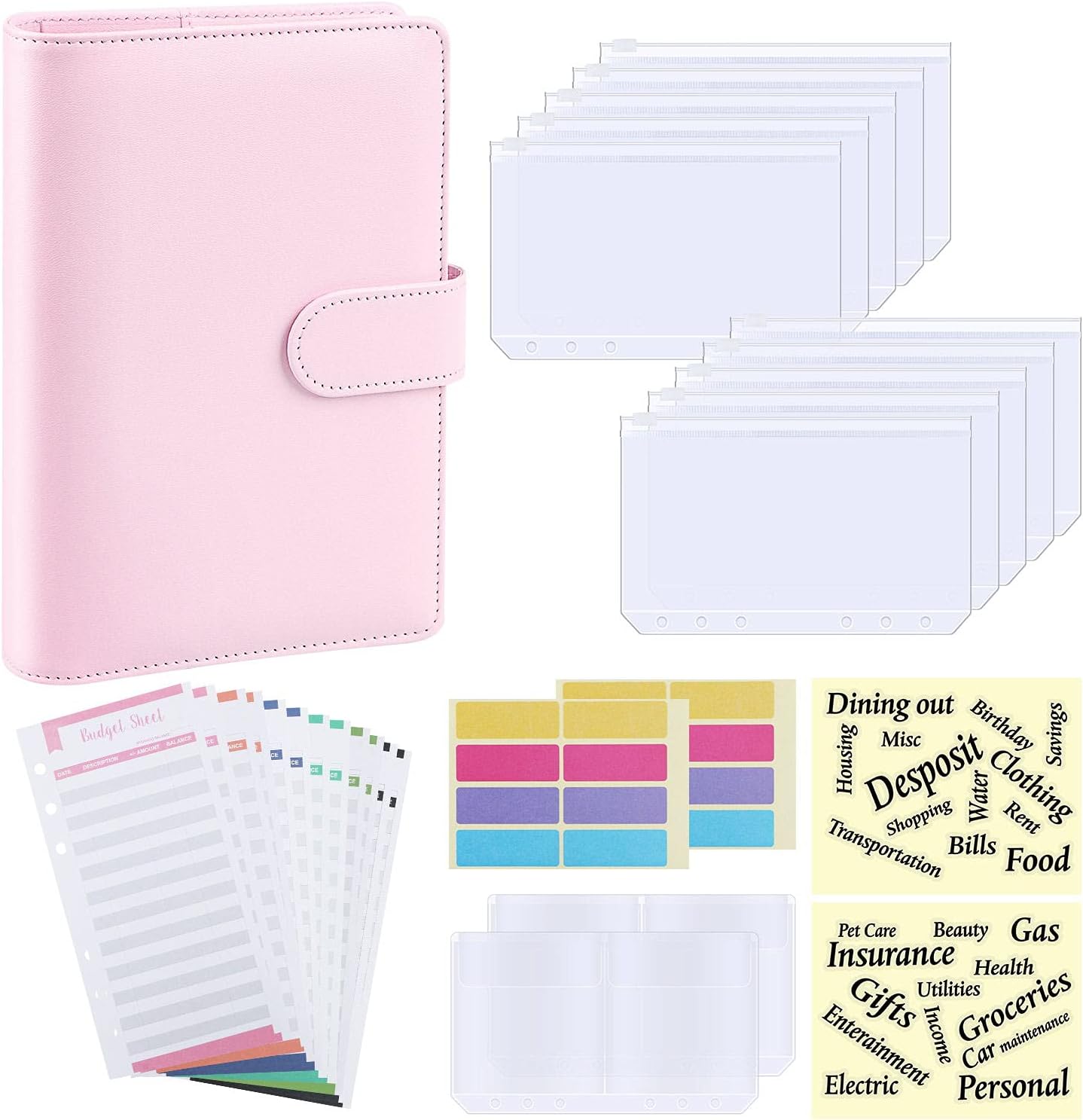 Budget Binder, A6 PU Leather Notebook Planner Organizer Refillable 6 Ring Binder Cover with 10 Binder Pockets Cash Envelopes 2 Bill Bag 12 Expense Budget Sheet, Letter Sticker Labels (Pink)