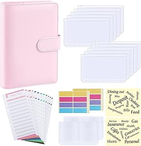 Budget Binder, A6 PU Leather Notebook Planner Organizer Refillable 6 Ring Binder Cover with 10 Binder Pockets Cash Envelopes 2 Bill Bag 12 Expense Budget Sheet, Letter Sticker Labels (Pink)