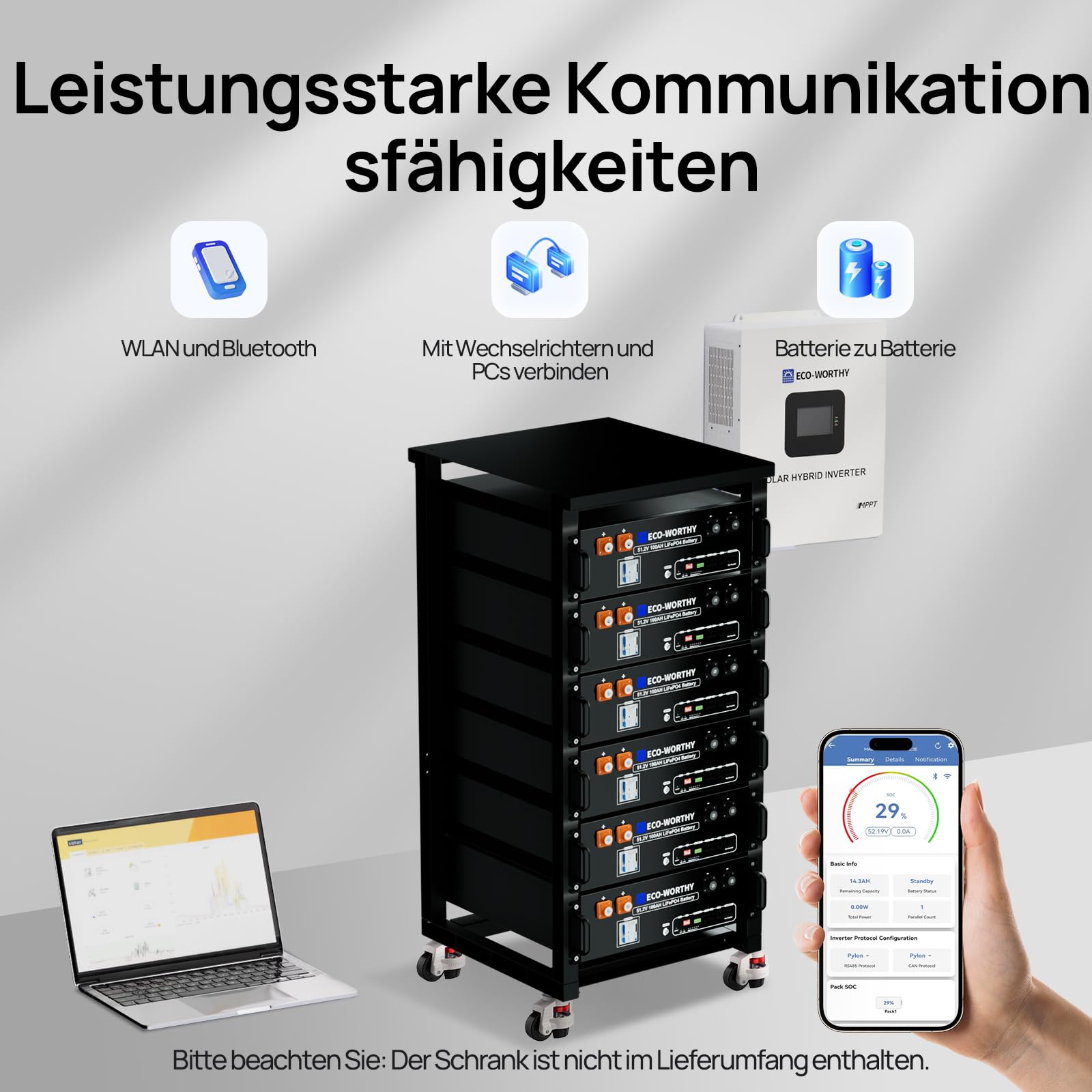 ECO-WORTHY LiFePO4 48V 100Ah V3 Bluetooth mit 100A BMS,5.12KWh 48V Lithiumbatterie Serverschrank Solarbatterie für Solaranlage Komplettset,Photovoltaikanlage,IEC 62619 2