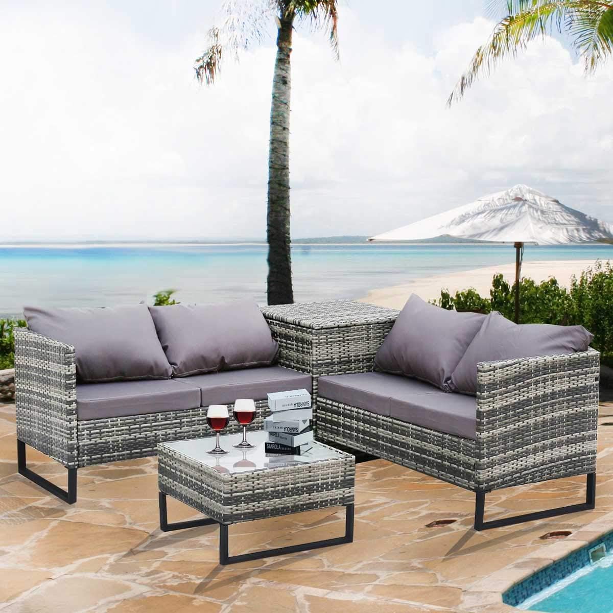 Amazon Com Nicesoul Outdoor Patio Furniture Sofa Set 4 Seatings With Large Storage Box And Coffe Table Pe Rattan Wicker Conversation Sets Grey Garden Outdoor
