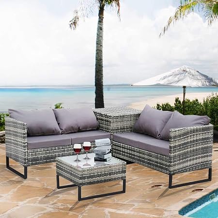 Amazon Com Nicesoul Outdoor Patio Furniture Sofa Set 4 Seatings With Large Storage Box And Coffe Table Pe Rattan Wicker Conversation Sets Grey Garden Outdoor