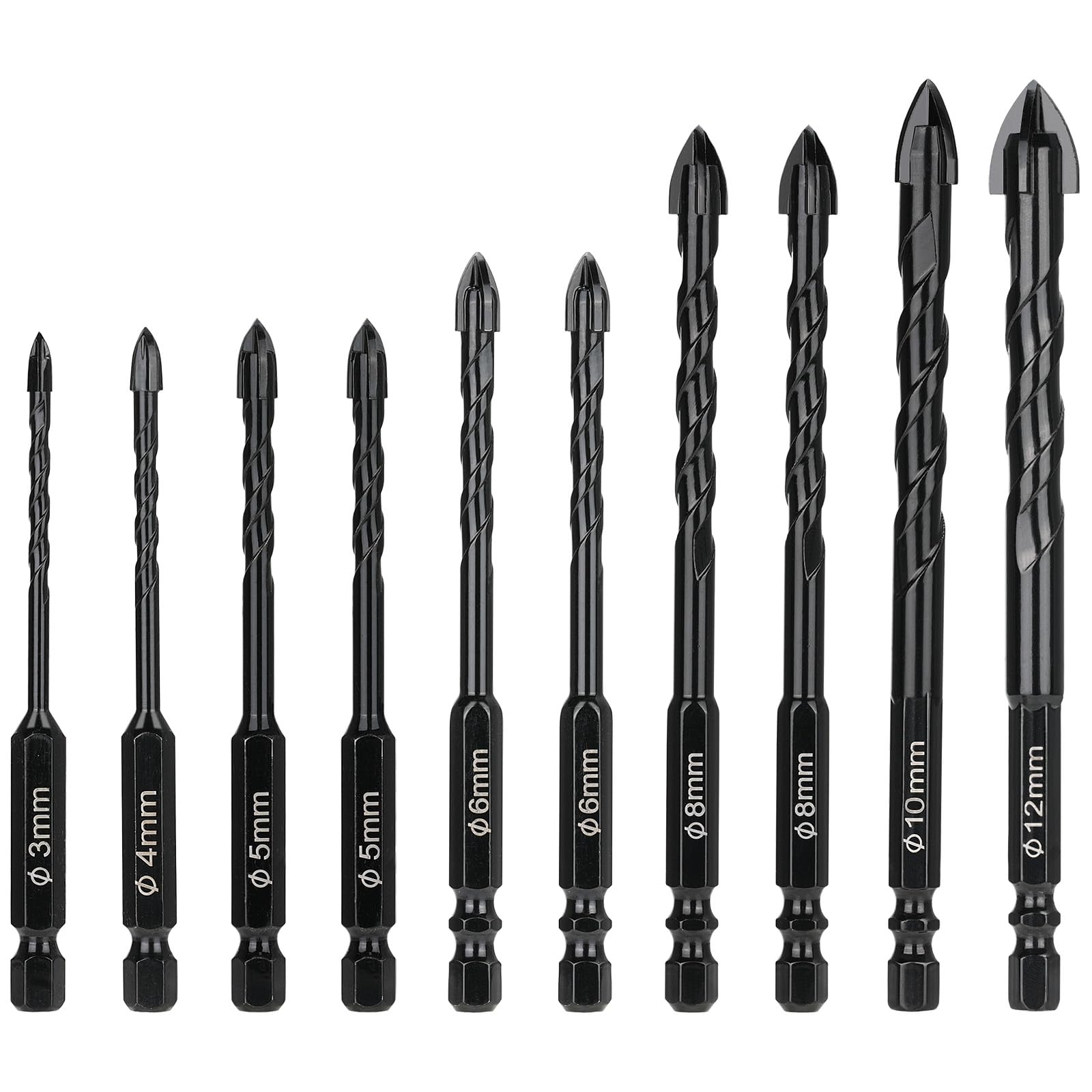 OUMUIK Tile Drill Set, Masonry Drill Set, Glass Drill Bit in Seven Sizes, 3-12 mm, Total 10 Carbide Drills OM