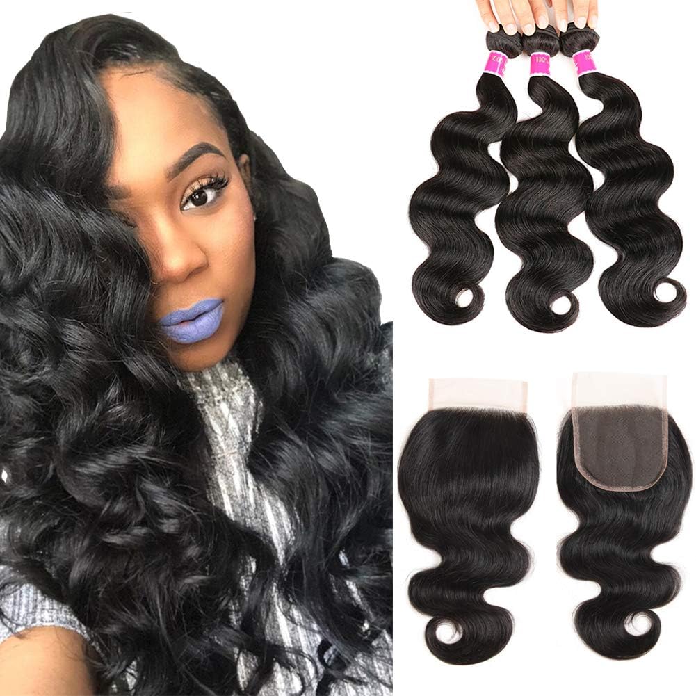 Brazilian Body Wave Bundles with Closure (20 22 24+18 free part) 8A Unprocessed Virgin Body Wave Human Hair with Closure 3 Bundles with 4x4 Closure Free Part