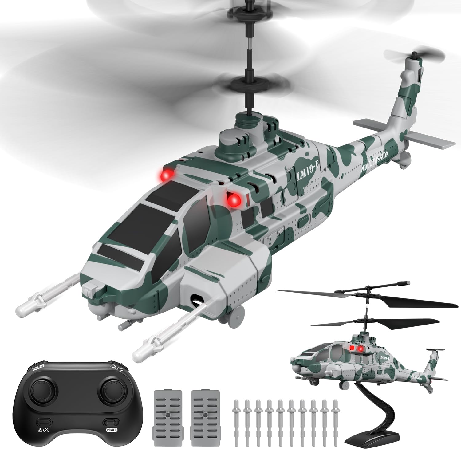 Photo 1 of ***MISSING PARTS***
LM19-F Army Apache RC Helicopter with 10 Missiles, 2.4GHz Remote Control Helicopter, Military Helicopter for Beginners and Adults, LED Lights, Altitude Hold, One-Key Take Off, Indoor Friendly