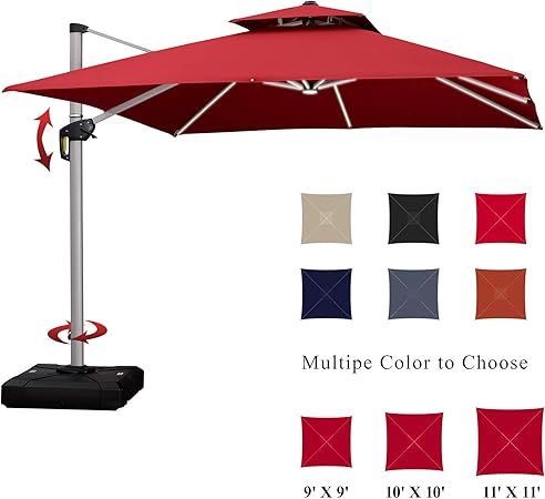 Beige Purple Leaf 9 Feet Double Top Deluxe Solar Powered Led Square Patio Umbrella Offset Hanging Umbrella Outdoor Market Umbrella Garden Umbrella Patio Lawn Garden Umbrellas Shade