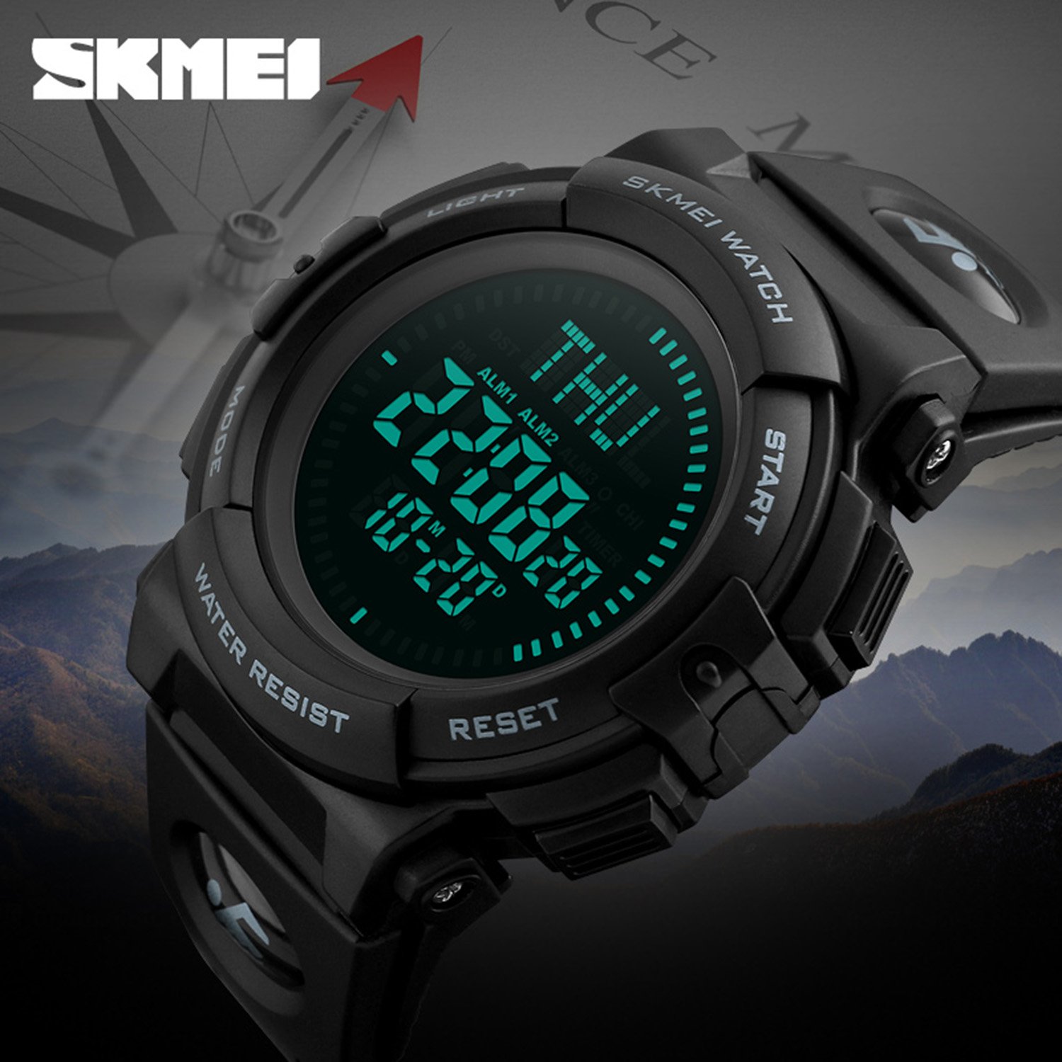 Men’s Military Sports Digital Watch With Survival Compass 50M Waterproof Countdown 3 Alarm Stopwatch (Black)