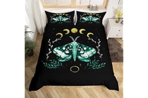 CASTLE FAIRY Death Gothic Moth Duvet Cover Full Size,Sun Moon Bedding Set 3 Pcs for Kids Teens Boys Girls Room Decor,Palm Leaf Plants Animals Comforter Cover Exotic Black Quilt Cover with 2 Pillowcases