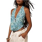 Verdusa Women's Floral Rhinestone Halter Top Boho Summer Drape Neck Backless Tops