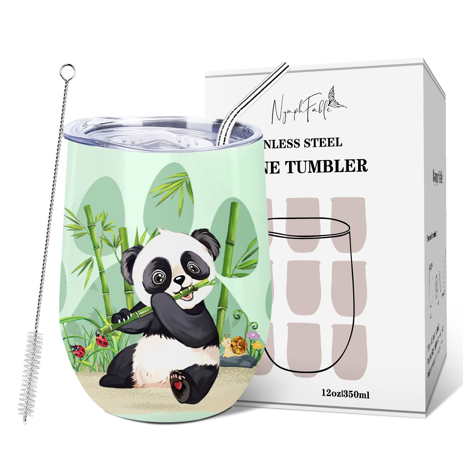 NymphFable 350ml Panda Gifts Travel Mug Insulated Coffee Wine Tumbler with Lid and Straw Stainless Steel Panda Coffee Cups