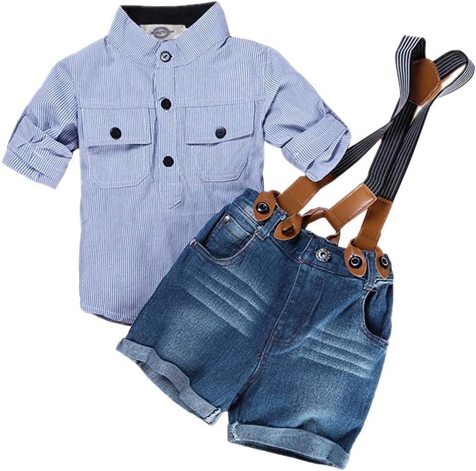 Baby Boys Suspender Shorts Set Denim Overalls Outfit Cotton Long Sleeve Blue Stripe Shirt Two-Piece Suits