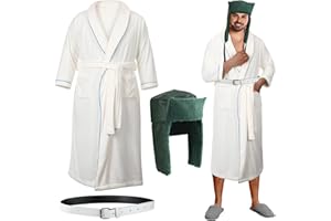 Funtery 3 Pcs Christmas Vacation Costume Set Movie Character Costumes with Green Trapper Hat White Lightweight Waffle Robe and Belt for Men Adult Christmas Halloween Cosplay Party Accessory