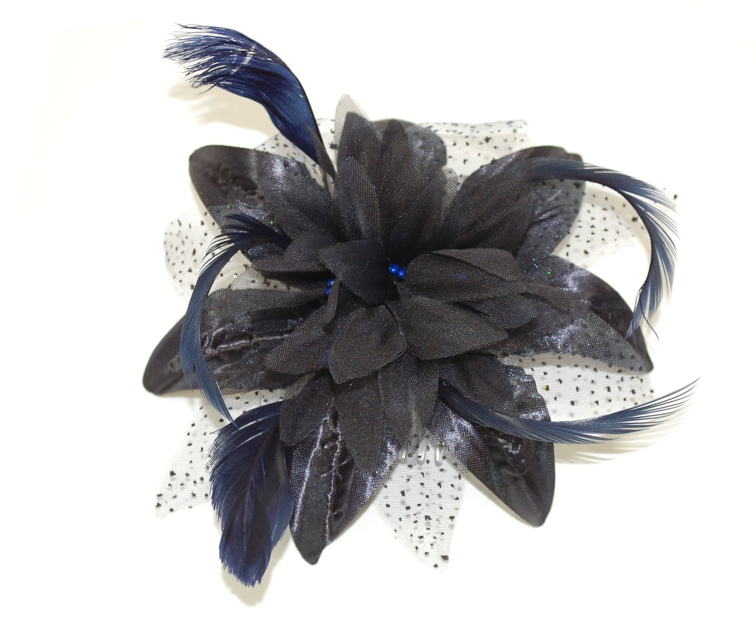 Flower Net and Feathers Fascinator On A Comb 9 Colours (Navy)