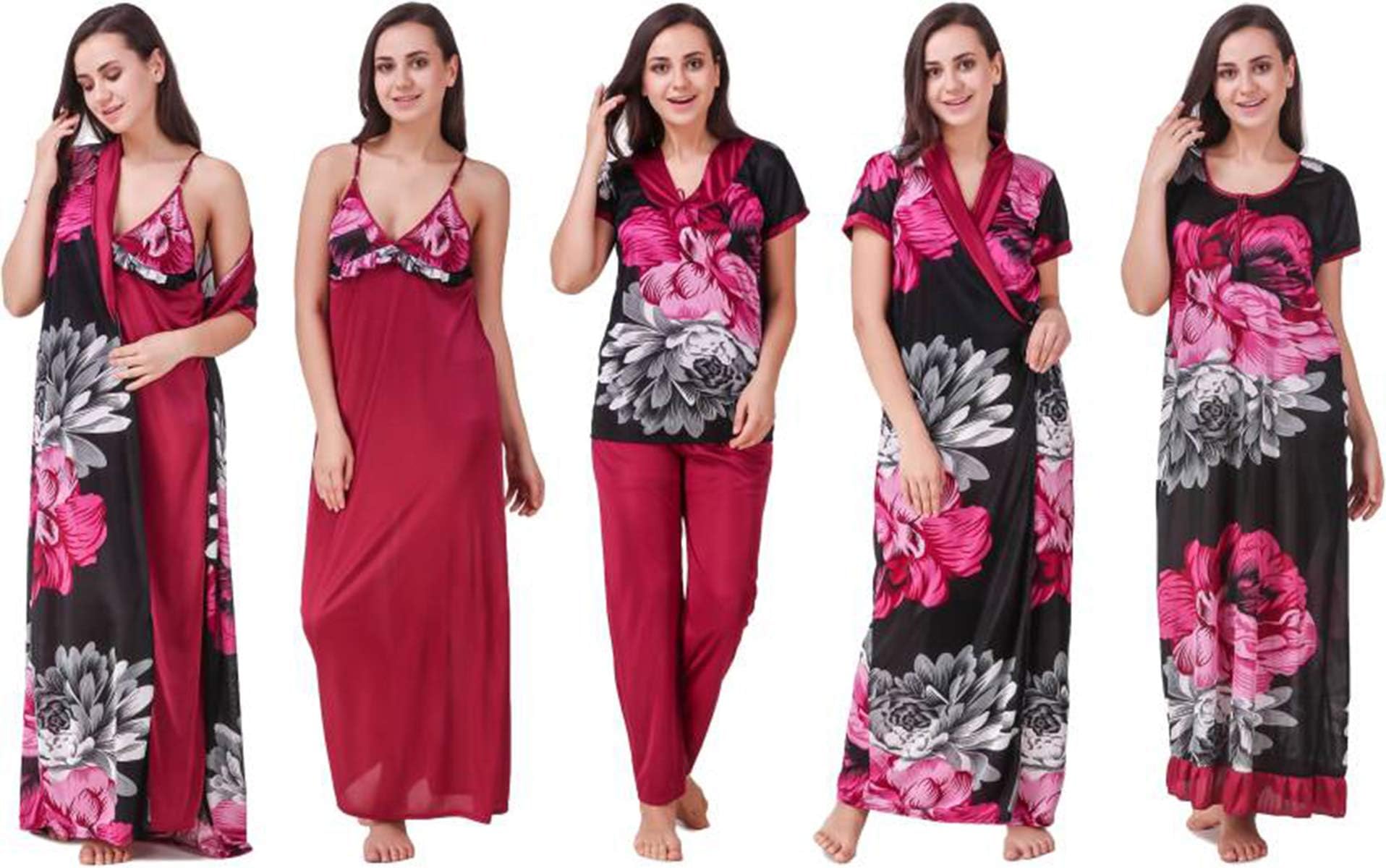 Biaba Collection Women's Satin Nighty Set (Red)- 6 Pieces