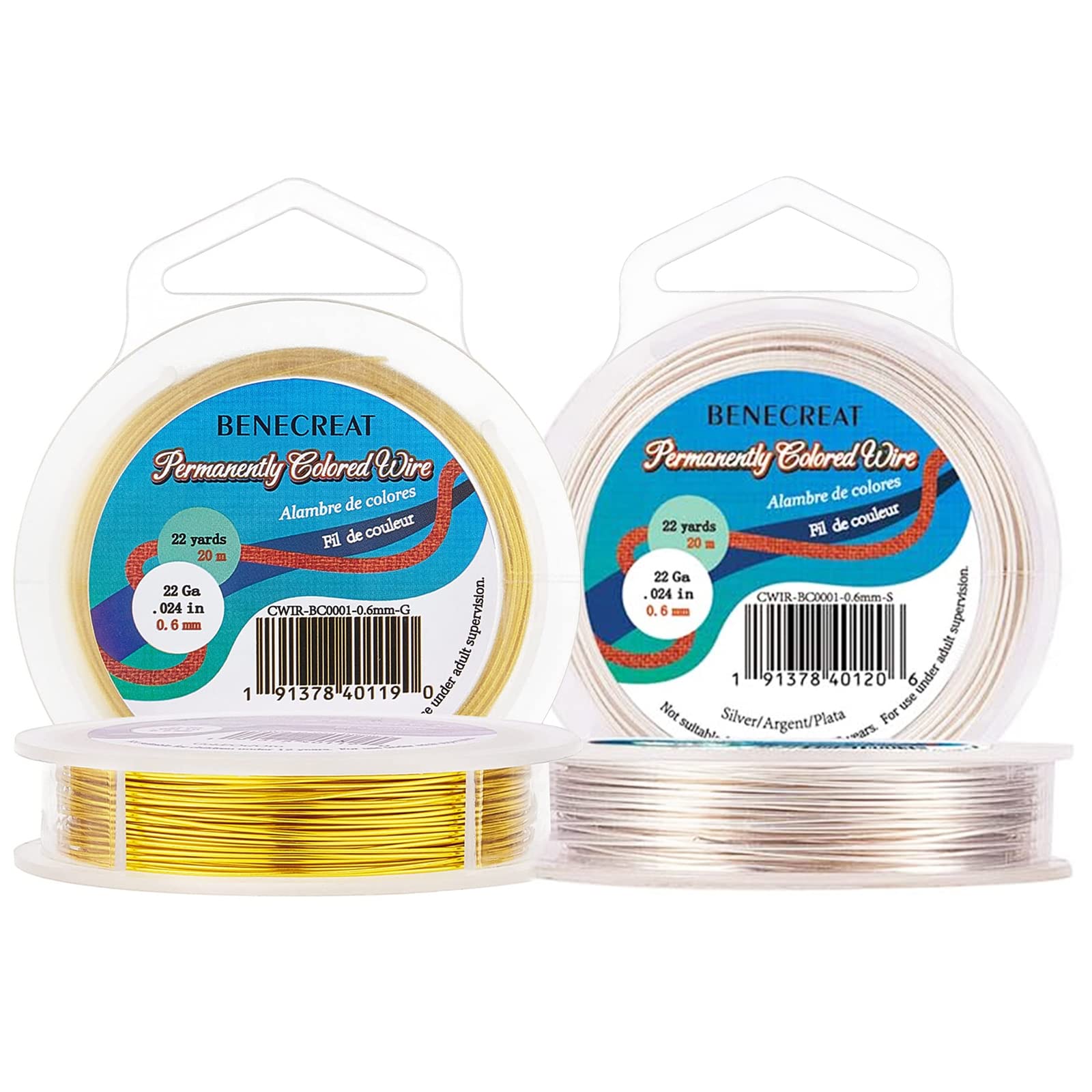 BENECREAT 2 Rolls 22Gauge (0.6mm) Tarnish Resistant Silver/Gold Coil Wire Jewelry Making Copper Wire, 132Feet/40m in Total