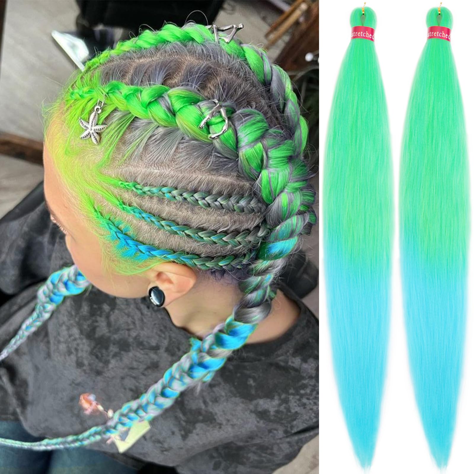 Photo 1 of Ombre NeonGreen-SkyBlue Pre Stretched Braiding Hair 30 Inch 2 Packs Pre Feathered Hair Extensions Braids Easy to Use