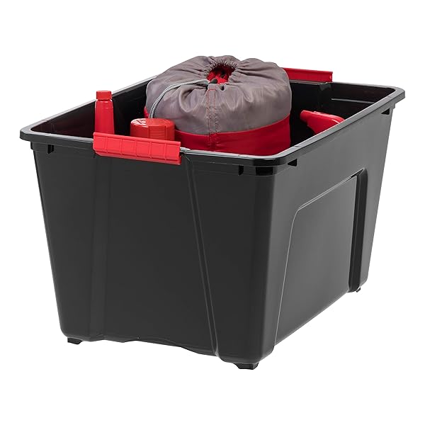 IRIS USA 54 QT PLASTIC STORAGE BOX WITH LID AND LATCHES – 6 PACK – BPA-FREE, GARAGE ORGANIZING SOLUTION, DURABLE NESTABLE STACKABLE CONTAINERS, SECURE PULL HANDLE – BLACK