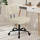 DUMOS Armless Home Office Desk Chair -Small Ergonomic with Low Back Lumbar Support, Height Adjustable PU Leather Computer Task with 360° Swivel Rolling Wheels, for Small Space, Beige White