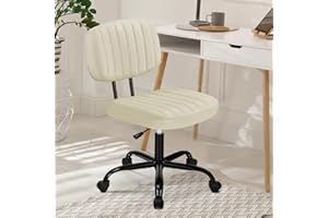 DUMOS Armless Home Office Desk Chair -Small Ergonomic with Low Back Lumbar Support, Height Adjustable PU Leather Computer Task with 360° Swivel Rolling Wheels, for Small Space, Beige White