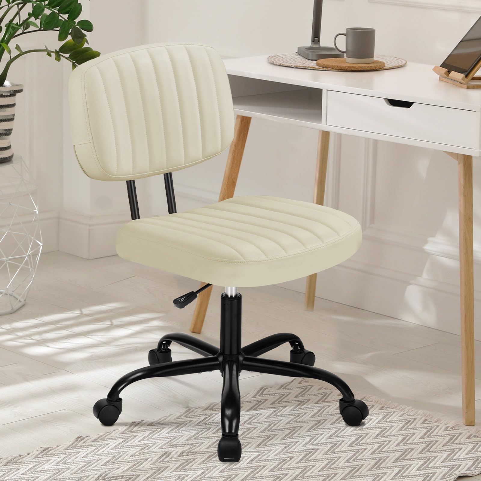 Photo 1 of *MINOR DAMAGE - USED*
DUMOS Armless Home Office Desk Chair -Small Ergonomic with Low Back Lumbar Support, Height Adjustable PU Leather Computer Task with 360° Swivel Rolling Wheels, for Small Space, Beige White