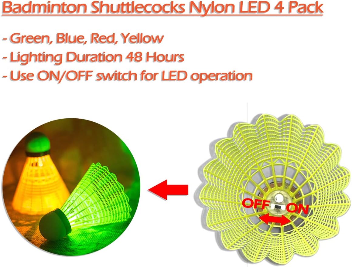 Ksports LED Badminton Shuttlecocks 4 Pack Tube − Glow in The Dark Lighting Birdies Shuttlecocks − with 4 Different LED Colors − Red Green Blue Yellow : Garden & Outdoor