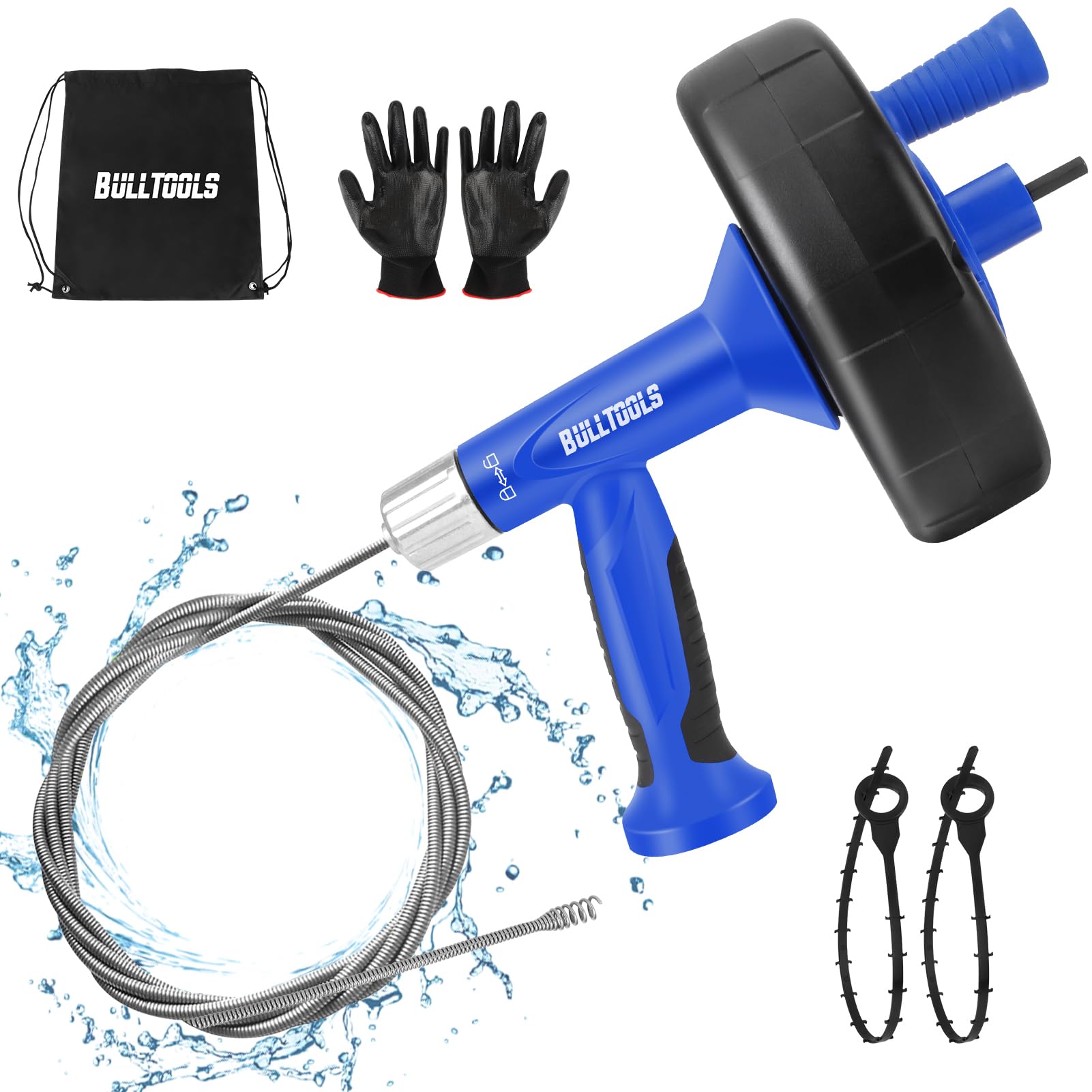 Photo 1 of BULLTOOLS Drain Auger, 25FT Drain Clog Remover with Drill Adapter, Flexible Snake Drain Hair Removal Tool for Kitchen Sink, Bathtub, and Shower Comes with Gloves and Storage Bag