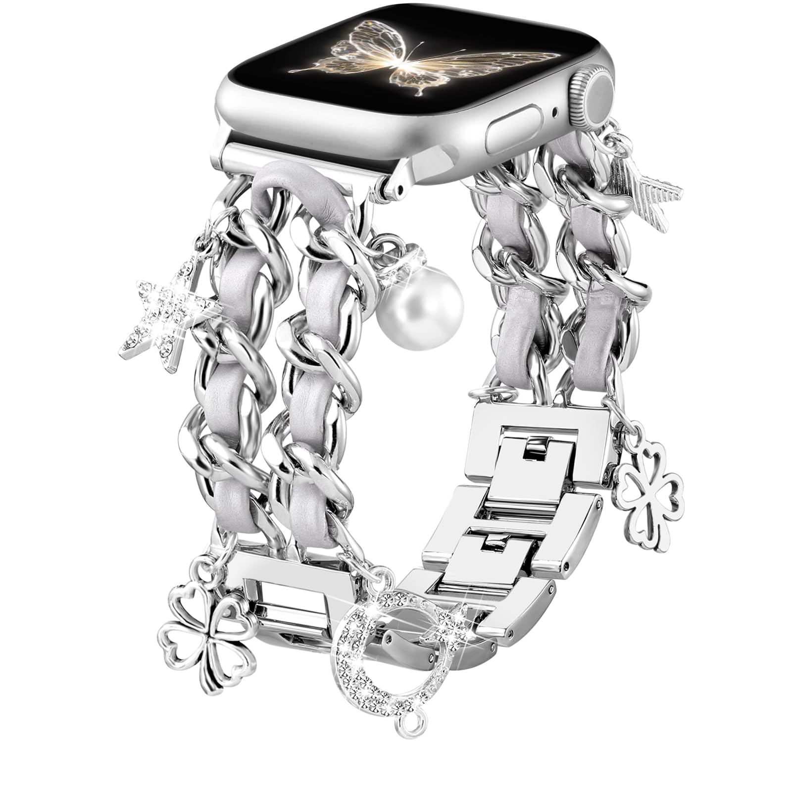 Photo 1 of DaQin Stylish Metal Band Compatible with Apple Watch Band for Women 44mm 42mm 45mm 46mm,Pretty Chain Replacement Strap with Apple Watch Accessories Charms for iWatch Band Series 10 9 8 7 6 5 4 3 2 SE