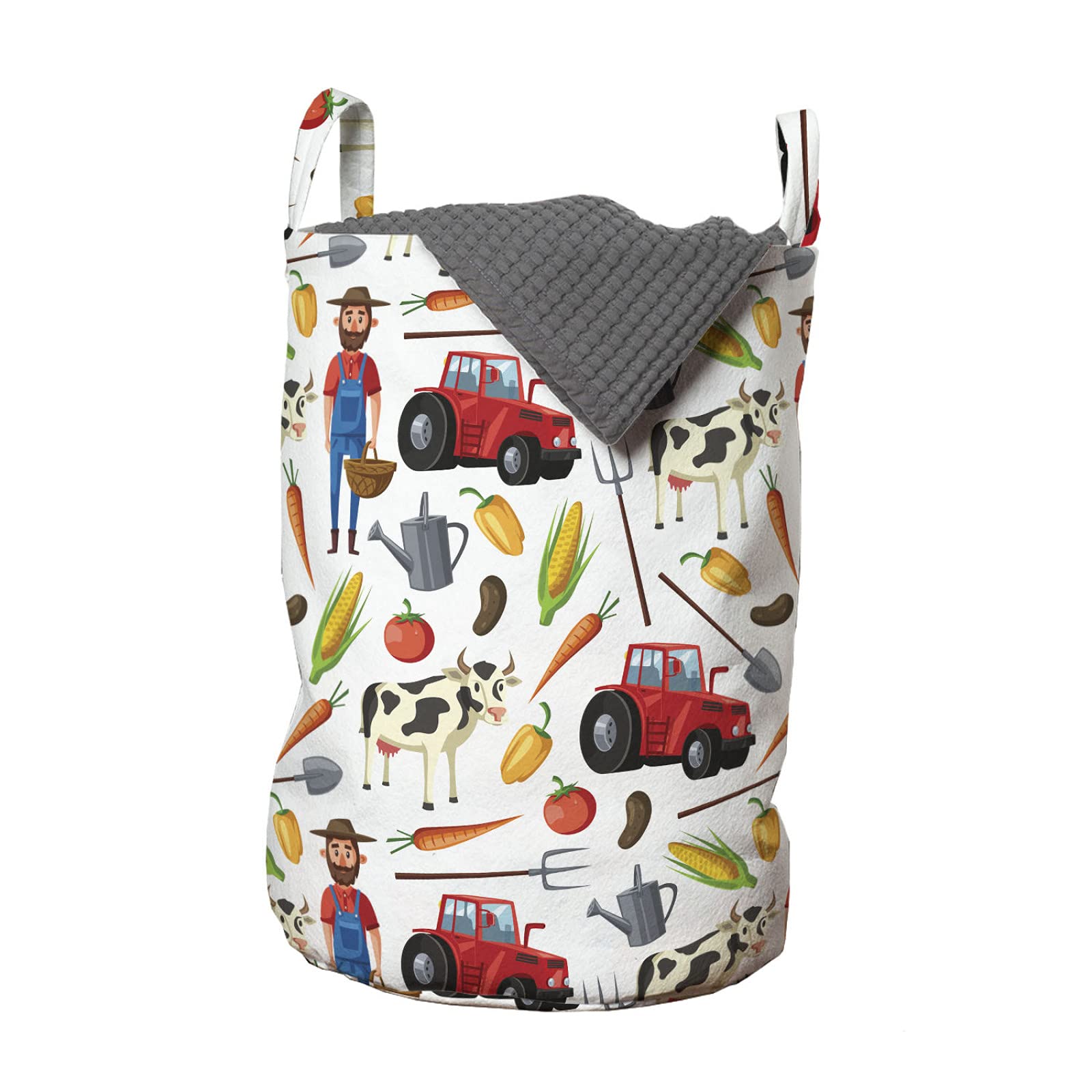 ABAKUHAUS Farm Laundry Bag, Gardener Agriculture Tractor Corn Field Cow Carrot Vegetables Farmhouse Potato, Hamper Basket Handles Drawstring Closure for Laundromats, 13" x 13" x 19", White Multicolor