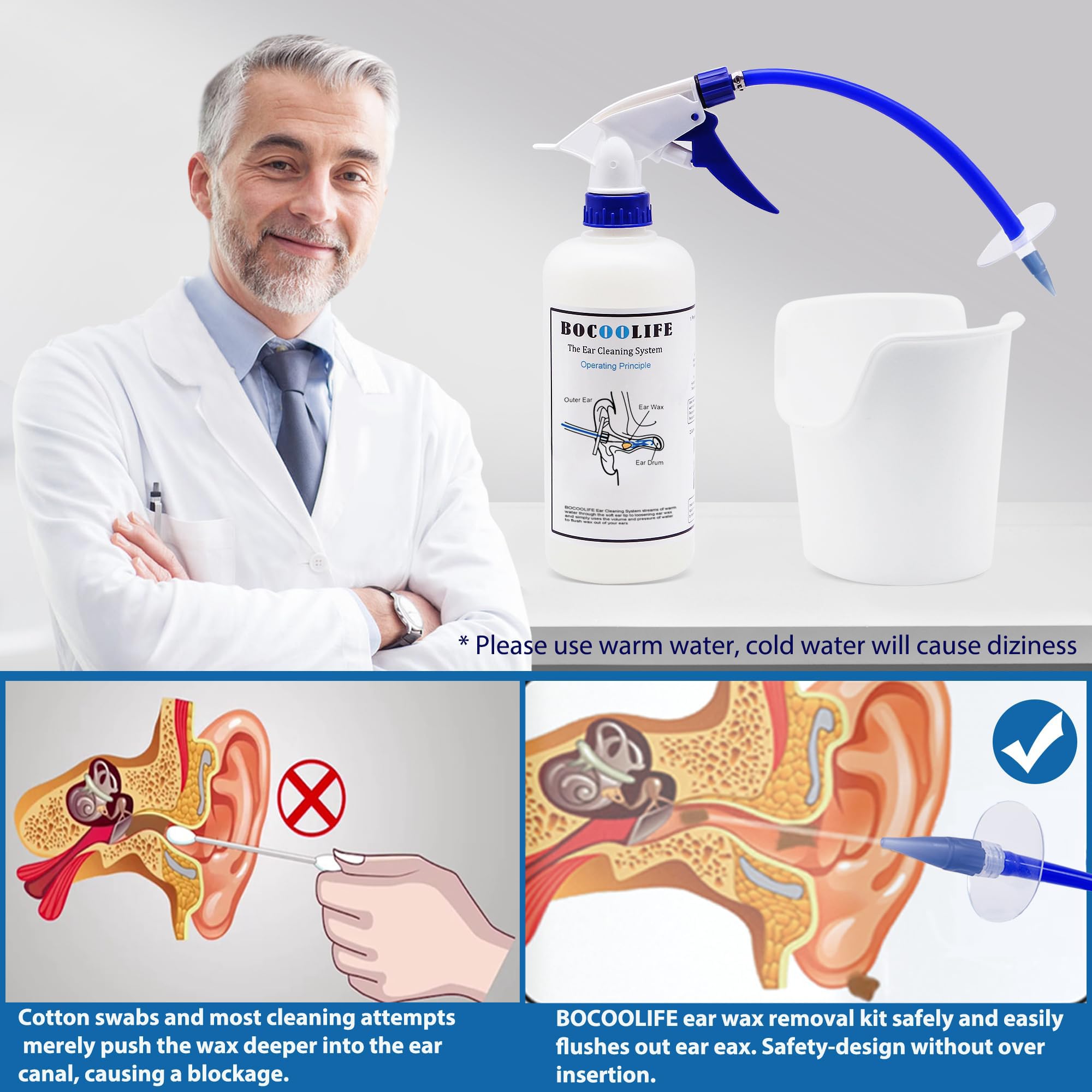 BOCOOLIFE Ear Wax Removal Kit - Safe & Effective Ear Cleaning System Cleaner with 3 Replacement Tips, Manual Flush Washer for Gentle Wax Remover, Includes Wash Basin for Easy Irrigation and Flushing