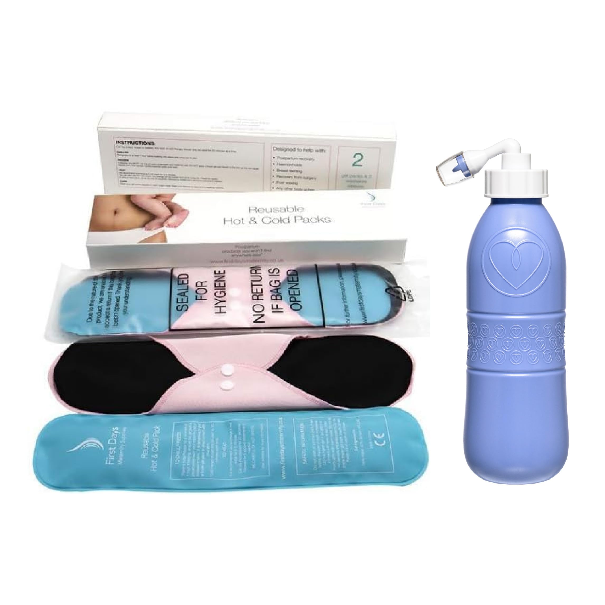 First Days Maternity Peri Bottle and Reusable Hot and Cold Gel Packs Duo, Postpartum Essentials, Easy-to-Use, 2 Gel Pads with Sleeves and a Blue Peri Bottle