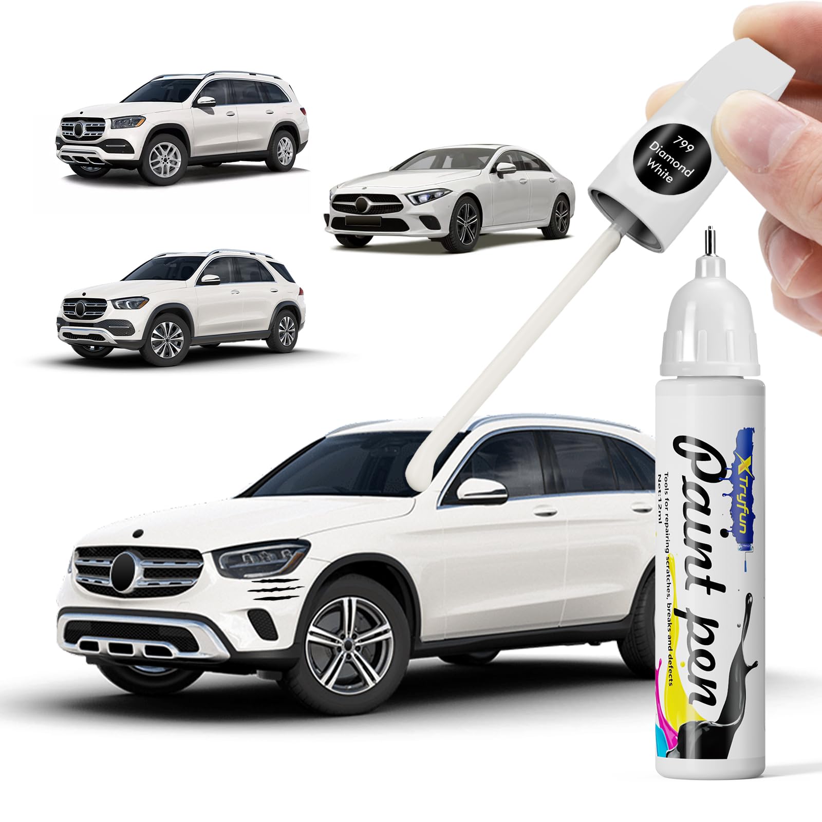 Photo 1 of XTryfun 799 Diamond White Touch Up Paint Compatible with Mercedes Benz, DIY Car Paint Scratch Repair, Quick & Easy Fix Automotive Scratch Repair for C/E/S/G/CLA/CLE/GLA/GLB/GLC/GLE/GLS/EQB/EQE