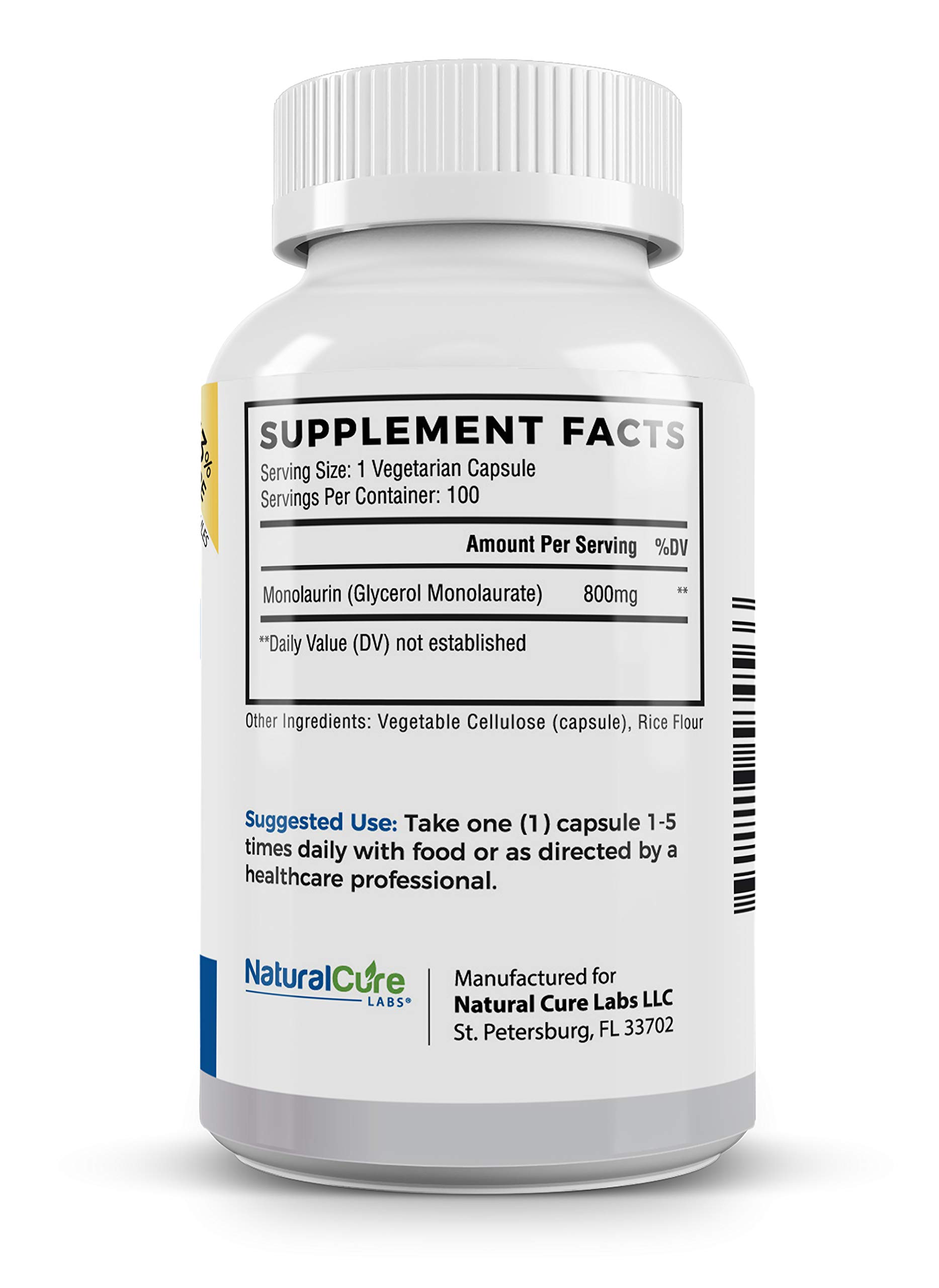 Natural Cure Labs Extra Strength Monolaurin 800mg, 100 Capsules, 33% More