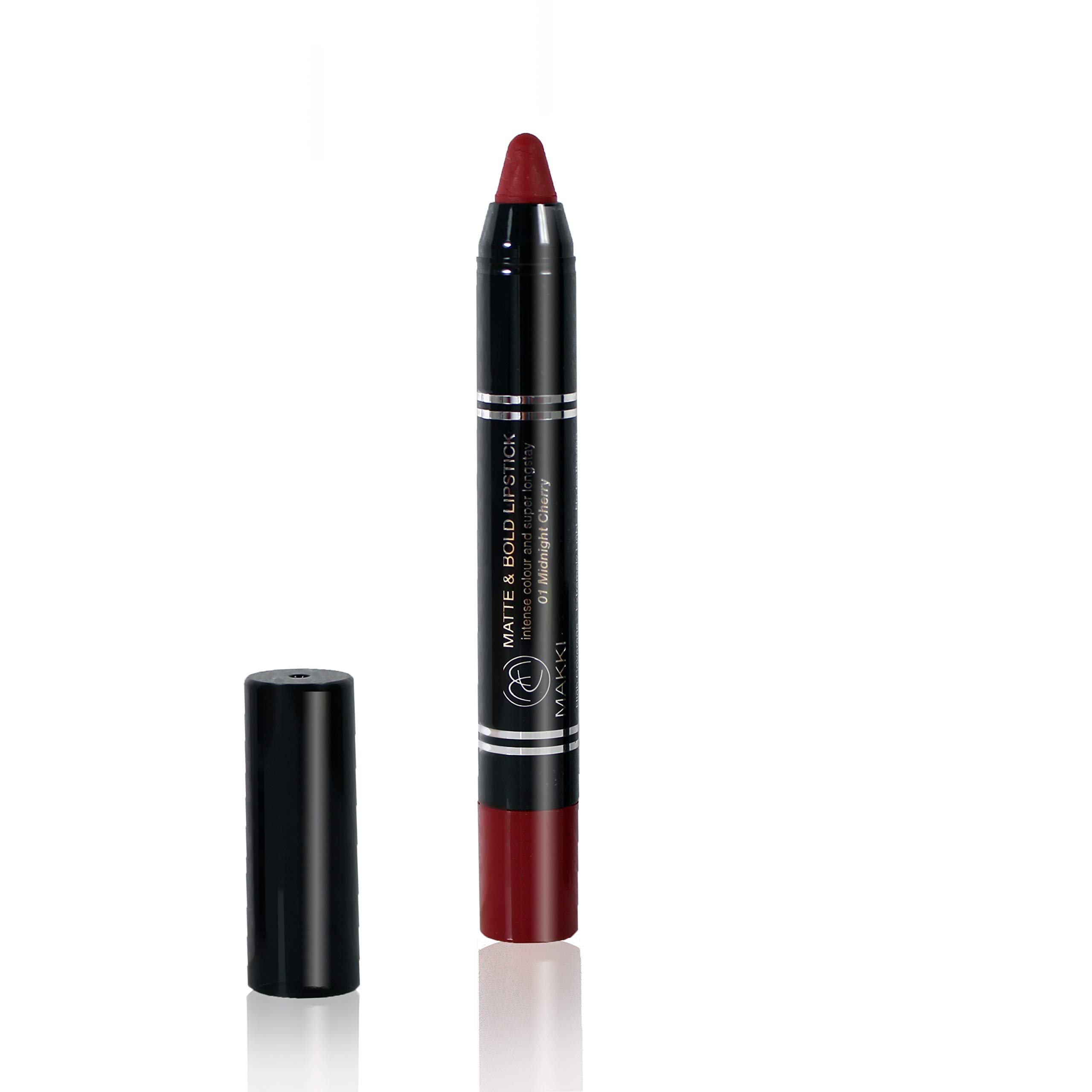 Midnight Cherry Makki Matte and Bold twist-up Lipstick intense colour velvet finish very long stay up to 18 hours, smudge proof, no feathering, soft and gliding, contains crushed pigments