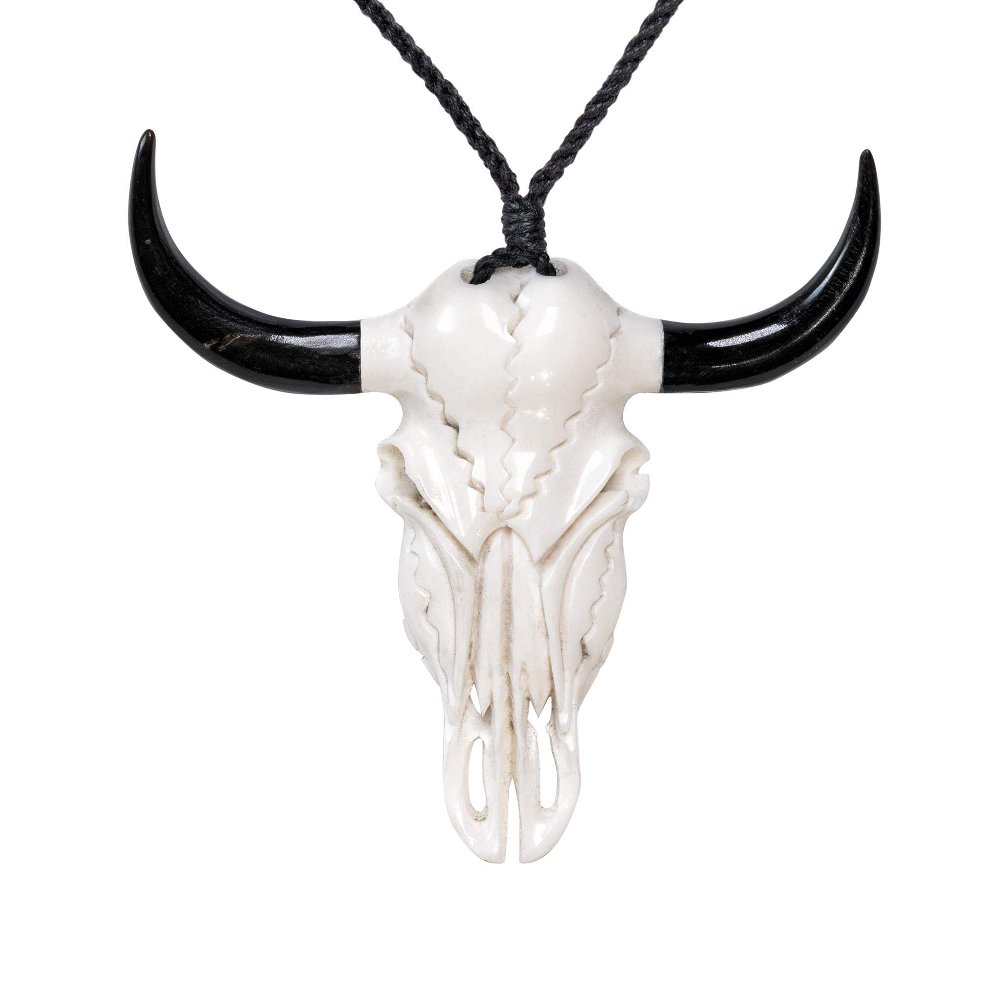 81stgeneration 925 Silver Hand-Carved Large Buffalo Skull Spirit Totem Amulet Necklace – Tribal Horn Pendant - Shamanic Talisman for Men and Women - Western Cowboy Jewellery - Black Cord Necklace