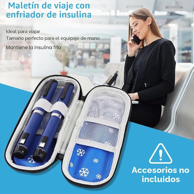 Estuche Insulina Bolsa, Nevera Insulina de Viaje con 2 Bolsas de Hielo Refrigerado TSA, Portátil Estuche Medicamentos para Diabetes con Mosquetón para Viajes Largos y Diarios (Azul) — foto 7 de 8