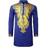 LucMatton Men's African Traditional Dashiki Luxury Metallic Gold Printed Mid Long Shirt