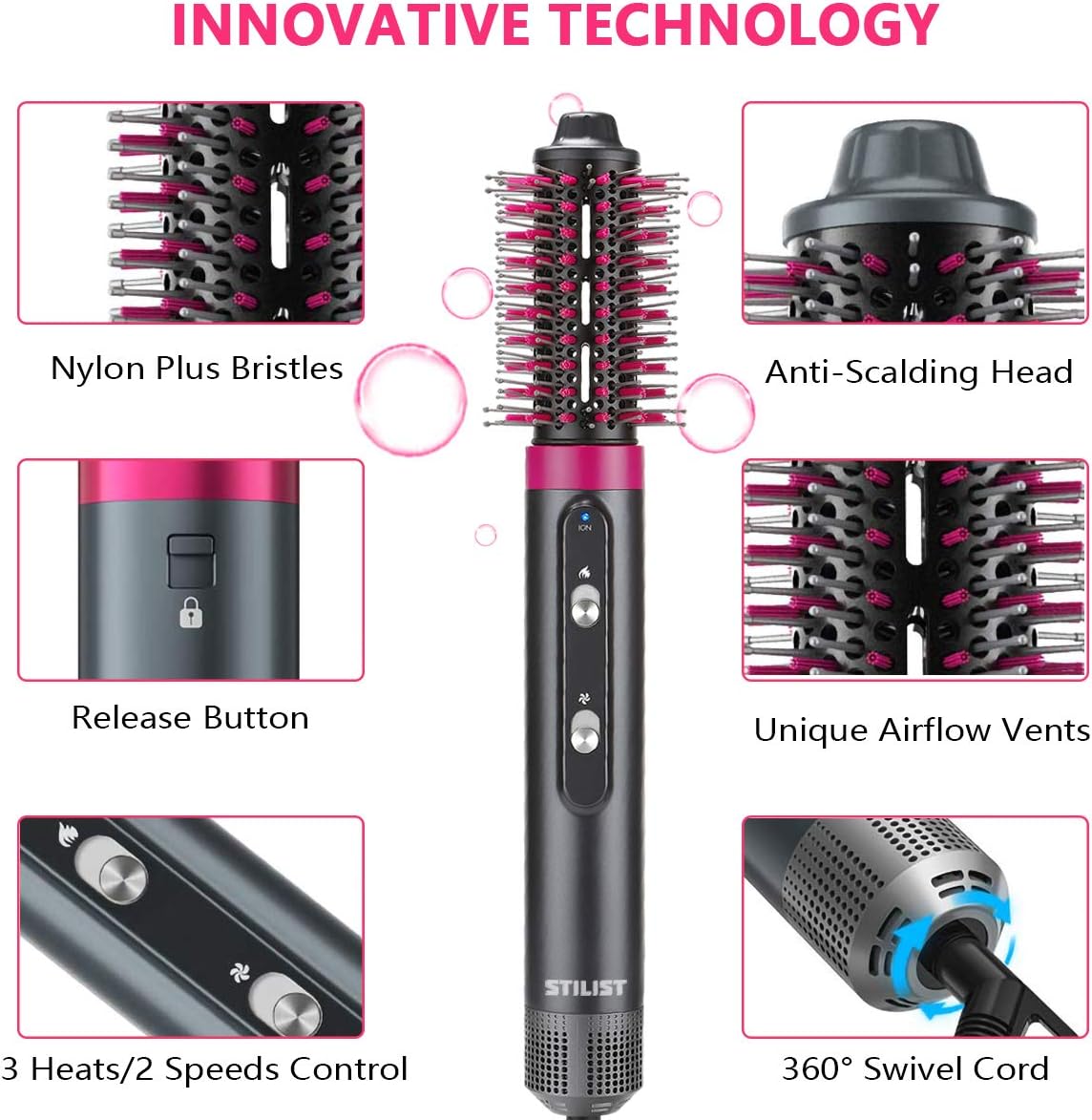 STILIST One-Step Hair Dryer and Volumizer Hot Air Brush, 4 in 1 Hair Dryer Brush, Negative Ionic Electric Hair Brush, Curler Combo with Interchangeable Brush Head, Blow Dryer Brush for All Hair Types: Sports & Outdoors
