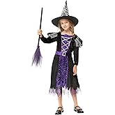 Acekid Witch Costume for Girls Kids, Halloween Party Dress Up Outfit Cosplay Fairytale Witch Girls Costume Set with Hat (T)
