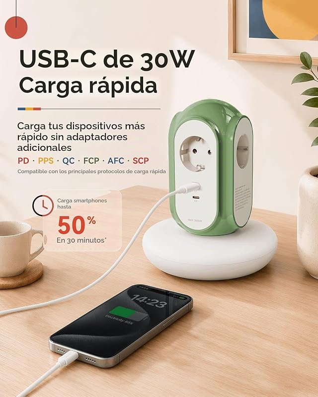 Régua de energia da torre com 3 tomadas AC e 2 USB-C (Carga Rápida 30W), 3680W/16A, Proteção contra Surtos 1420J, Cabo de extensão de 2 m, Proteção Overca (Verde Normandia)
