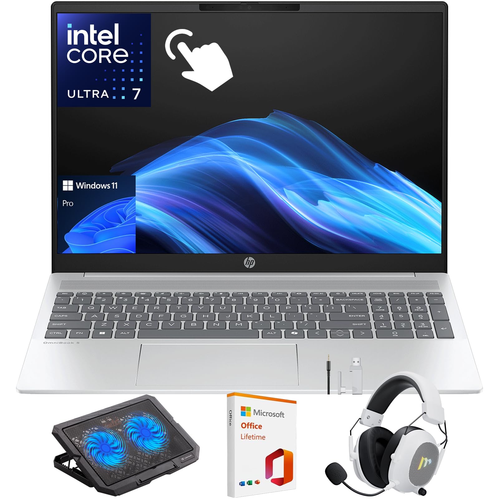 HP OmniBook 5 16 inch Next Gen AI PC Laptop, 2K IPS Touchscreen Display, Intel Core Ultra 7 255U, 16GB LPDDR5x RAM, 1TB SSD, Windows 11 Pro, WiFi 6E, Glacier Silver, w/Mytrix Accessory Lifetime Office